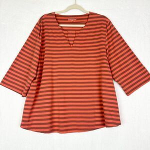 Iridium Stripe Top Size Large Cotton 3/4 Sleeve Coral Lagenlook Notch V-Neck